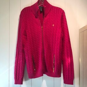 Lauren Ralph Lauren hot pink fuchsia cable knit cotton zip front cardigan XL